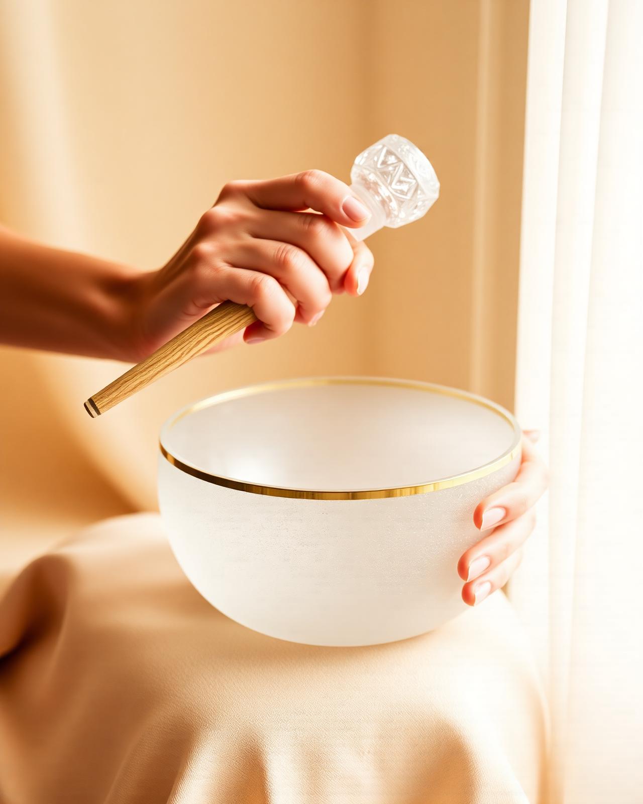 Hands holding a crystal singing bowl